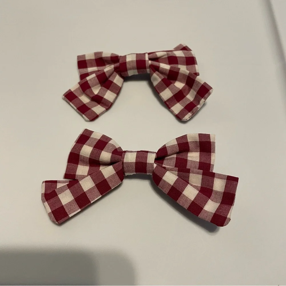 Eleanor Rose Beet Red Plaid Bow Hair Clips for Kids “Silent Night”